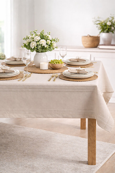 Gülce Home Collection Keten Çizgili Masa Örtüsü Kahve