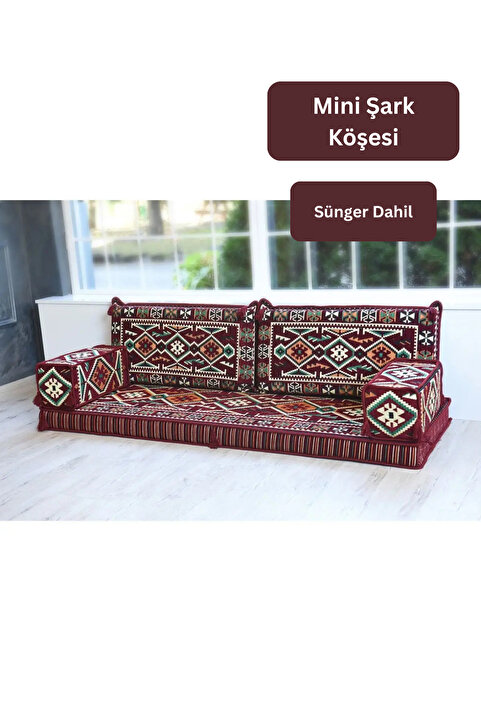 BAKIRÖZÜ HOME Şark Odası Takımı , Şark Köşesi Minderi Takımı (sünger Dahil) Anadolu Bordo Modeli 2 Kolluklu