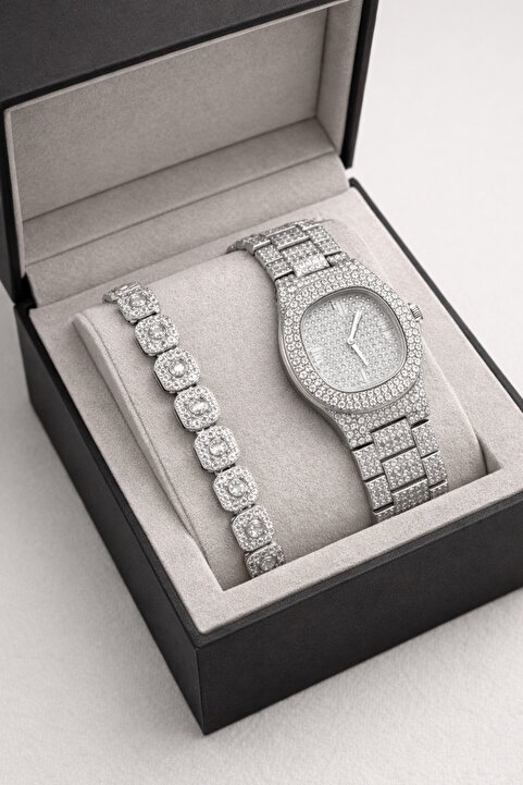 laria jewelry Taşlı Iced Out Saat Ve Tennis Bileklik Seti