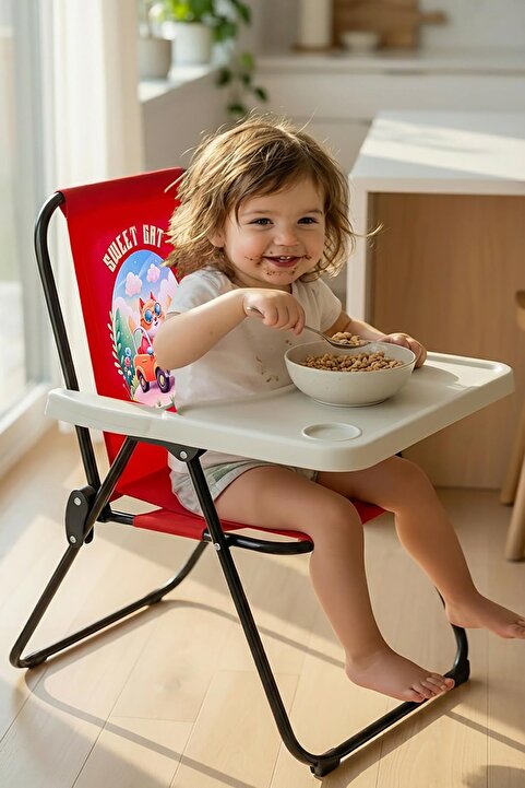 Exent Kids 2–6 Yaş, Sweet Cat Katlanır Portatif Mama Sandalyesi, Tak-Çıkar Masa ile-KIRMIZI