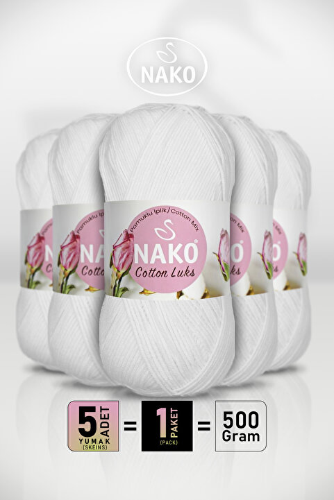 Nako Cotton Lüks - 97569 Beyaz - 5'li Paket - 100gr/330m - Pamuklu Hırka Yelek Amigurumi İpi