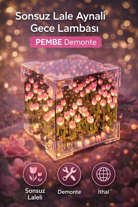 CNGZSHOP Sonsuz Lale Aynalı Gece Lambası Pembe – 3D Dekoratif LED Gece Lambası (Demonte)