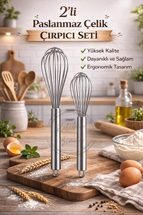 Kitchen Beauty Paslanmaz Çelik 2'li Çırpıcı Seti Pratik Yumurta Sos Karıştırıcı Çırpma Teli