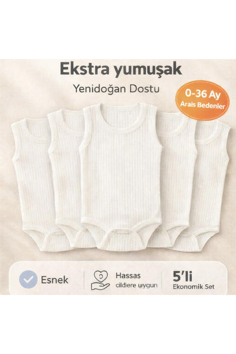 Novibaby 5'li Ribana Bebek Atlet Body Zıbın Raporlu Çıtçıtlı Beyaz 100% Pamuk - Ribana Bebek Body