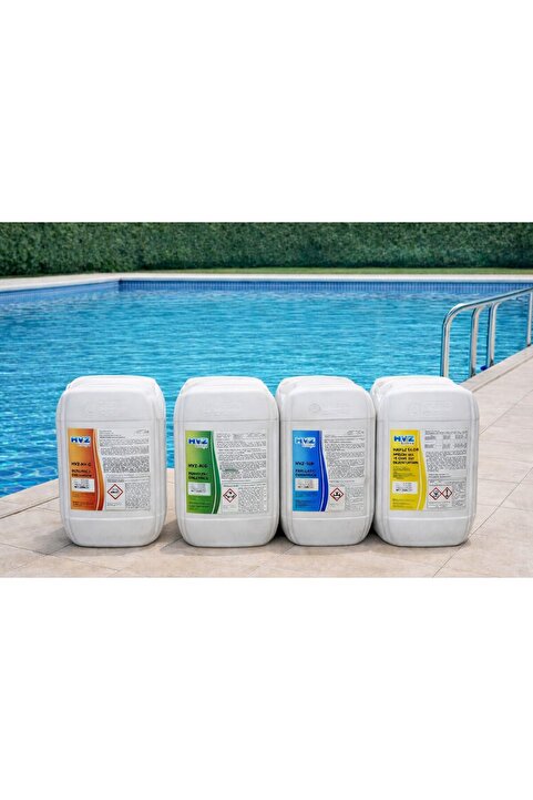 Hvz Kimya Havuz Bakım Seti Sıvı Klor(25kg) +Sıvı Ph Düşürücü (25kg) +Yosun Önleyici (10lt)+Parlatıcı (10lt)