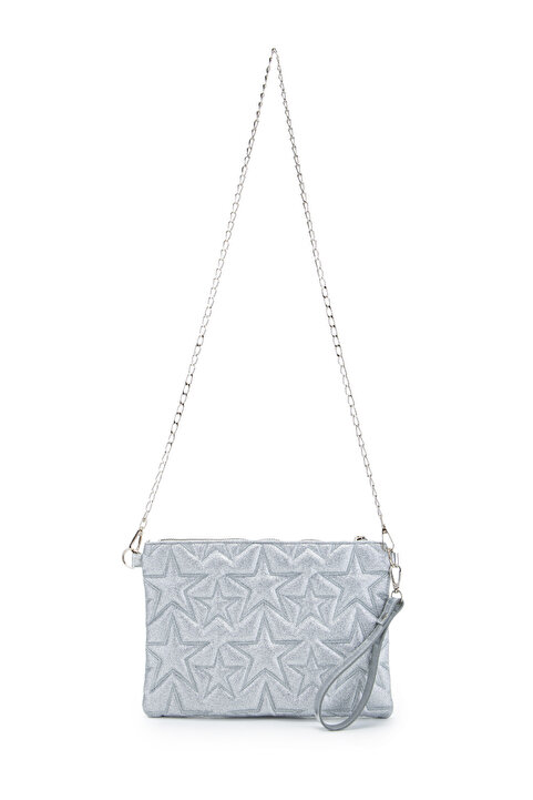 minebag Yıldız Dikişli Clutch Star Kadın Çanta Simli Gümüş