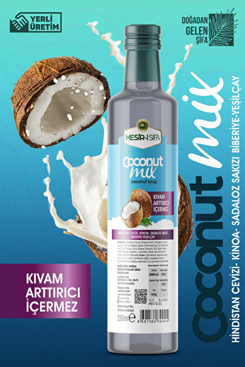 Mesirişifa Coconut Mix Hindistan Cevizi Şurubu 250ml - Kinoa Sadaloz Sakızı Biberiye Yeşilçay İçerikli