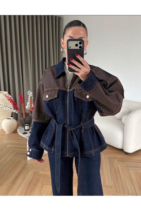 Ekim Store Kontrast Bağlamalı Fermuarlı Ceket Pantolon Denim Takım