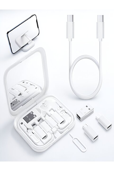 çelikwork inspiring technology Aynalı Standlı 8-in-1 Type-C, USB, Micro, Lightning Port Çevirici Seyahat Seti – Çok Fonksiyonlu
