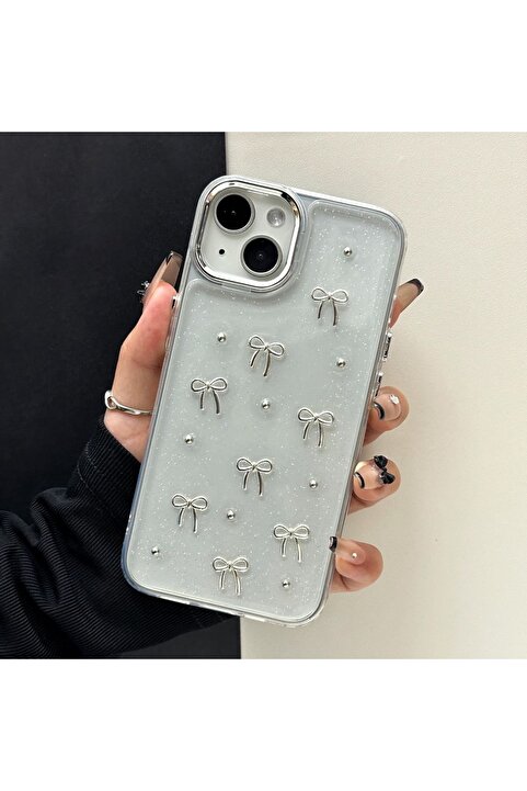 daystar iPhone 13/14 Uyumlu Fiyonk Desenli ve İncili Dayanıklı Şeffaf Telefon kılıfı