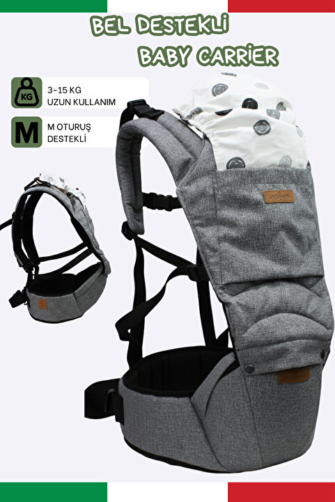 Molmini Oturaklı premium Kanguru 6. aydan itibaren 6in1 Oturaklı Ergonomik Lüks Kanguru Keten Gri