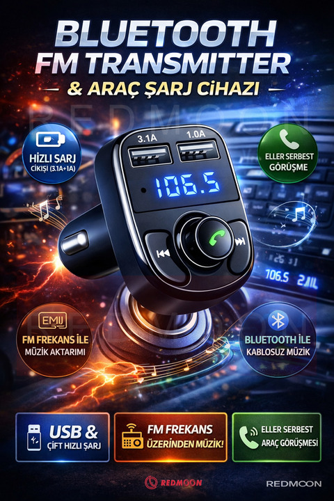 REDMOON Car X8 Araç Fm Bluetooth Usb Mp3 Sd Kart Çakmaklık Girişli Oto Müzik Çalar Kiti Kablosuz