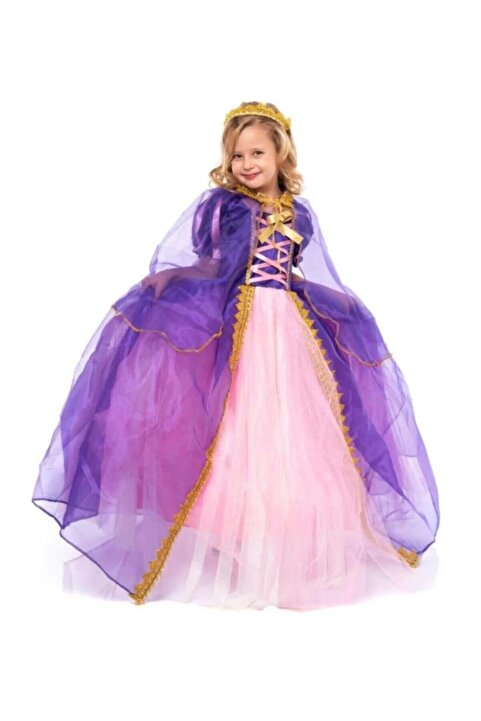 dilaydamla kids Kız Çocuk Elbise Taçlı Rapunzel Kostümü - Pelerinli Taclı Tarlatanlı Rapunzel Kostüm Çocuk Abiye