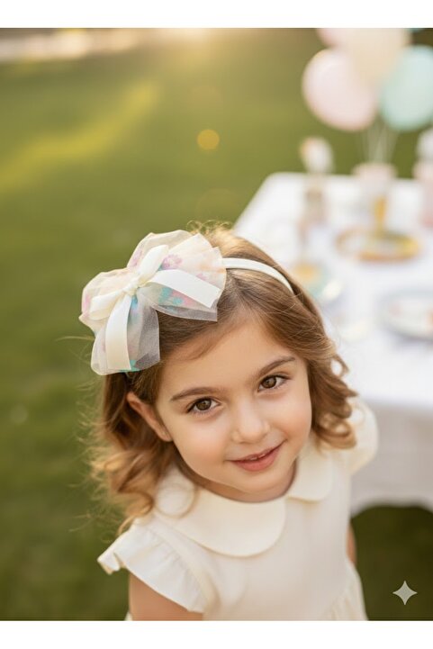 Sweet twins accessories Pembe Mavi Turuncu Çiçek Desenli Tüllü Çocuk Taç Krem Fiyonklu Çocuk Tacı