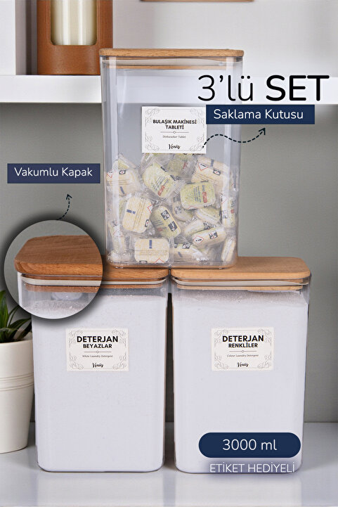 naturelove 3 Adet Ahşap Vakumlu Kapaklı Tablet ve Deterjan Renkliler - Beyazlar Etiketli Kutu 3 Litre