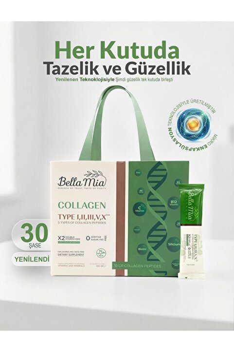 Bella Mia Collagen %100 Saf ve Doğal 5 Tip Kolajen Tip 1, Tip 2, Tip 3, Tip 5, Tip 10 ve Vitamin İçeren Diyet Takviyesi