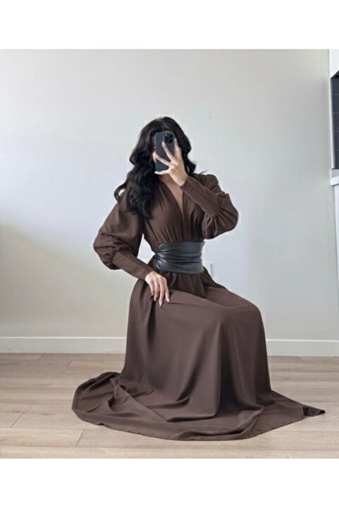 Luma Decor Kemerli Kahverengi Şık Uzun Elbise