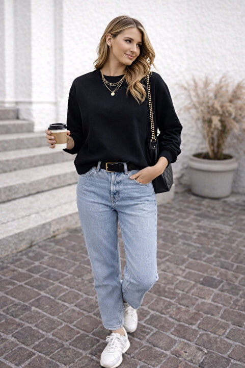CloudyMood Kadın Oversize Sweatshirt Basic Bisiklet Yaka Uzun Kollu Günlük Rahat Sweat