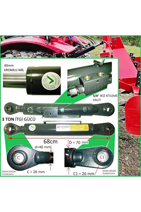 Führer 3 Ton - 68cm Traktör Ortakol, Hidrolik Silinder, 3 Ton - 68cm Toplift Hydraulic Cylinder