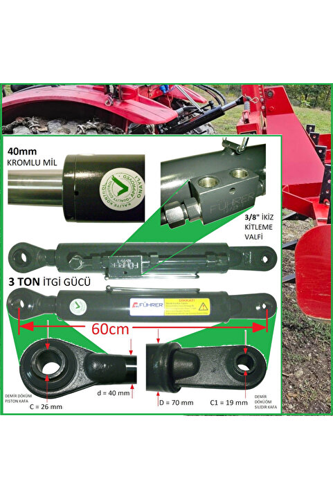 Führer 3 Ton-60cm Traktör Ortakol Hıdrolik Silinder-19mm Silinder Kafa, 3 Ton-60cm Toplift Hydraulic