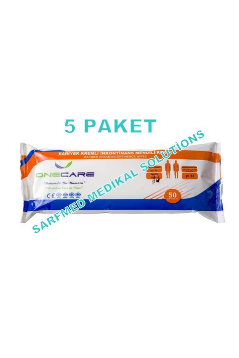 OneCare Bariyer Kremli İnkontinans Mendil - Alkolsüz Hasta Temizleme Havlusu 50'li 5 PAKET