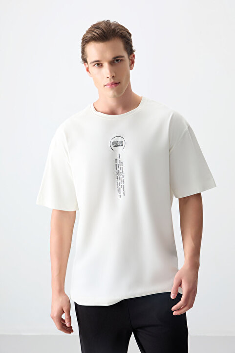 Air Jones Ekru %100 Pamuk Kalın Yumuşak Dokulu Oversize Fit Baskılı Erkek T-Shirt - 88355