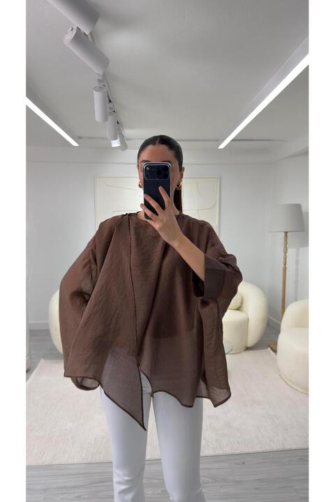LUUNA STORE ELİSE PELERİN ŞİFON BLUZ - KAHVE