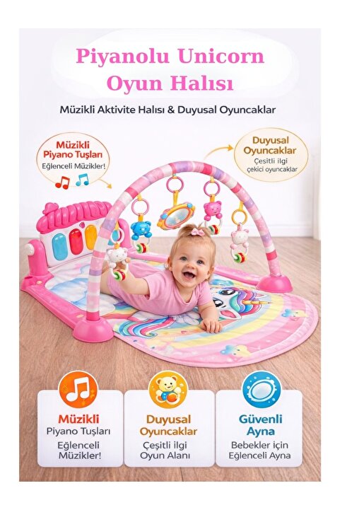 HAK İŞ OYUNCAK Piyanolu Unicorn Desenli Bebek Oyun Halısı – 0+ Ay, Hayvan Figürlü Işıklı ve Müzikli Gelişim Matı