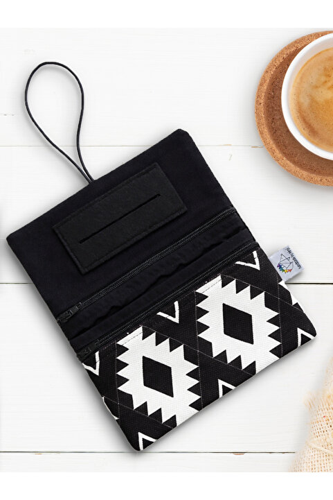 Kirpiwork Siyah Kanvas Bohem Tütün Çantası Yılbaşı Hediyesi Tütün Kesesi 16x10cm