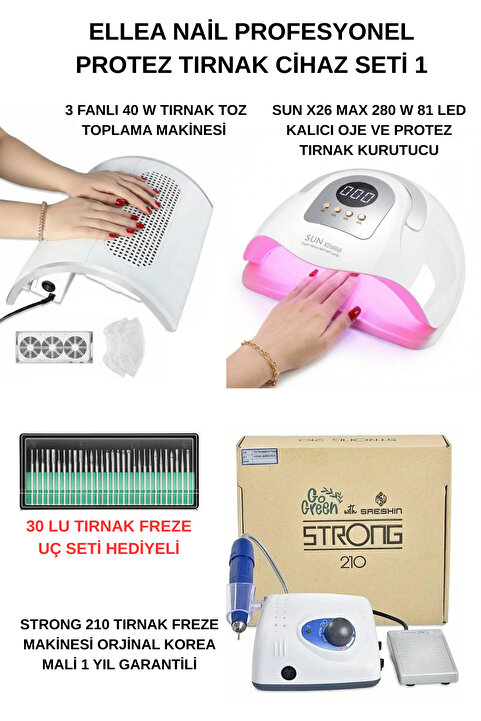 Strong Protez Tırnak Cihaz Seti 210 Freze Cihazı & 3 Motorlu Tırnak Toz Toplama & Sun X26 Max UV 81 LED