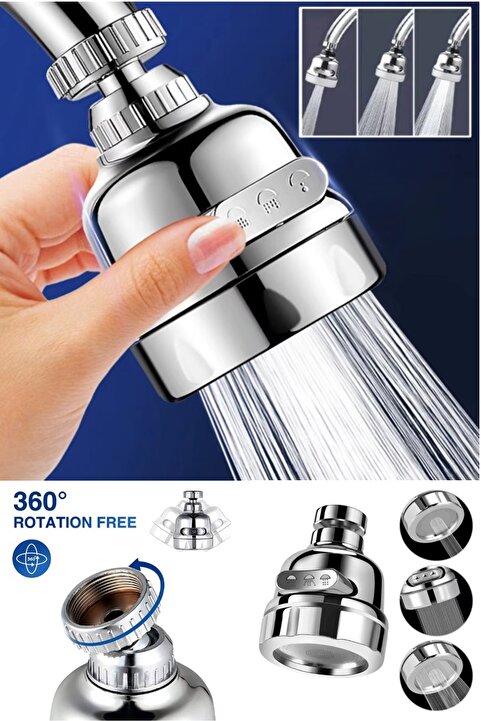 Kitchen Beauty Krom 3 Fonksiyonlu Mutfak Lavabo Başlığı 360 Derece Döner Tasarruflu Musluk Ucu Aparatı