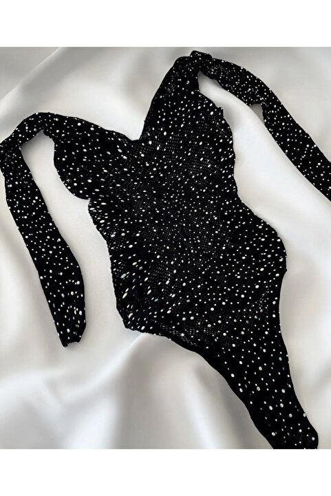 GECELİKS Kadın Siyah Taşlı Fantezi Yarım Babydoll Kollu Bodysuit