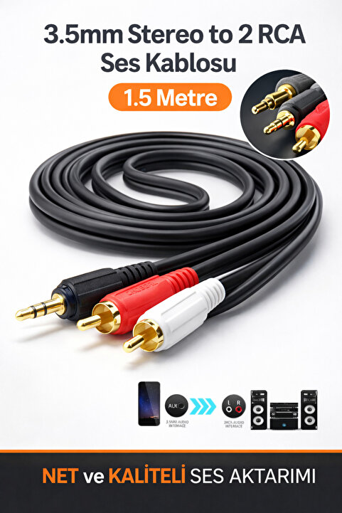 ULTRATEKNO 3.5 Mm Stereo To 2rca Kablosu Aux Tos Ses 1.5 Mt Kablo Sound Audıo Erkek Ara Kulaklık Standart