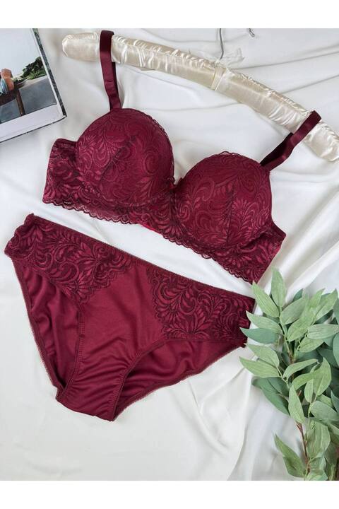 ROZENİN LINGERIE Büyük Beden Desteksiz Kaplı Dantelli Sütyen Külot İç Çamaşır Takımı