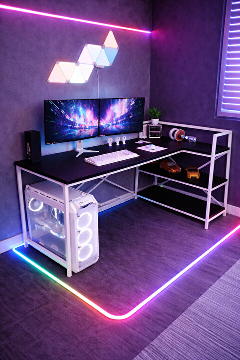 Flinder Siyah/Beyaz Çift Yön Kullanıma Uygun, Raflı Gaming Oyuncu Masası, Bilgisayar Masası, Çalışma Masası