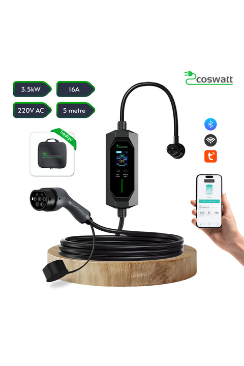 Mayuk Dizayn Coswatt 3.5Kw 5M Elektrikli Araç Şarj İstasyonu 16A 220V Monofaze TÜRKÇE MENÜ-WİFİ-BLUETOOTH ve Taşıma Çantası Hediye