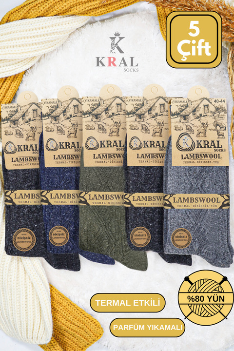 Lüx Kral 5 Çift Erkek Termal Kışlık Lambswool Yün Çorap