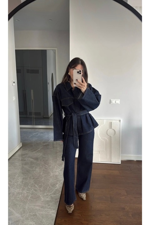 yusuf tekstil Koyu Lacivert Bağlamalı Denim Takım Oversize Ceket ve Pantolon