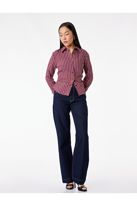 Koton Viskon Karışımlı Yanları Bağlama Detaylı Slim Fit Uzun Kollu Çizgili Gömlek