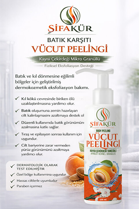 ŞİFAKÜR BİTKİSEL SAĞLIK ÜRÜNLERİ ŞİFAKÜR Batık Karşıtı Vücut Peelingi 100 ml – Kıl Dönmesi, Pürüzlü Cilt ve Özel Bölge Bakımı