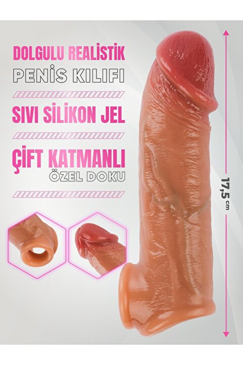 Lolita Shop 17,5 Cm Çift Katmanlı Dolgulu 3 Cm Uzatmalı Sıvı Silikon Testise Geçirmeli Realistik Penis Kılıfı