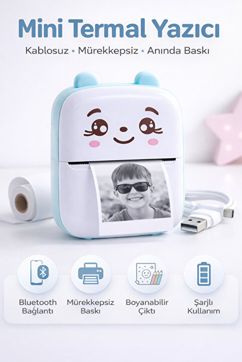 Weskam Mini Taşınabilir Termal Yazıcı Bluetooth Şarjlı Telefona Bağlanan Mürekkepsiz Foto Yazıcı
