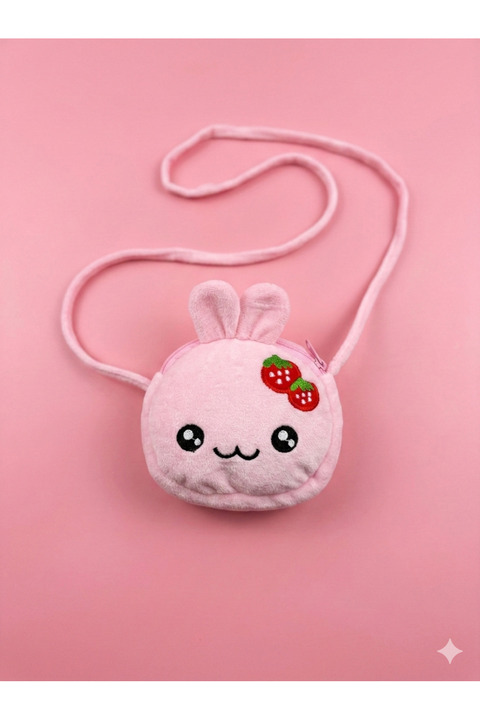 moimaaksesuar Pembe Peluş Tavşan Figürlü Omuz Çantası Küçük Boy Çilek Detaylı Sevimli Çapraz Askılı Çanta