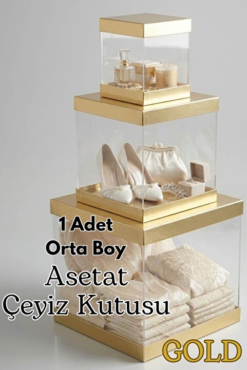 Dantelux Asetat Çeyiz Kutusu (Şeffaf - Katlanabilir - Pratik Kurulum) Orta Boy - Gold