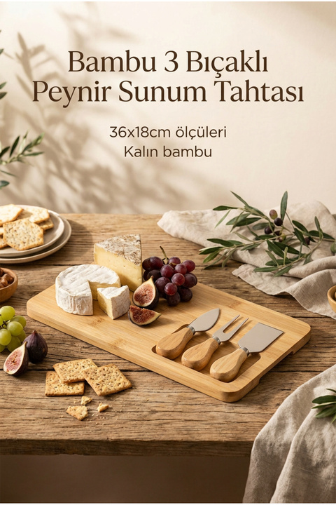 ERKUGO 4 Parça Bambu Peynir Sunum Tahtası Ve Çatal - Spatula - Bıçak Seti, Peynir Kesim Panosu