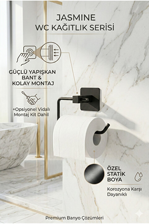 Alper Banyo Jasmin Yapışkanlı Siyah Kare Açık Tuvalet Kağıtlığı, Wc Kağıtlık, Tuvalet Kağıdı Askısı