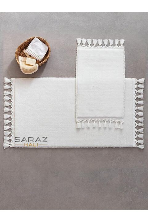 SARAZ HALI Puffy Banyo Paspas 2 Li Saçaklı Yıkanabilir Beyaz
