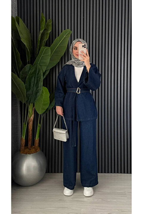 yusuf tekstil Koyu Lacivert Denim İkili Takım Kemer Detaylı – Oversize Ceket Bol Paça Rahat Pantolon