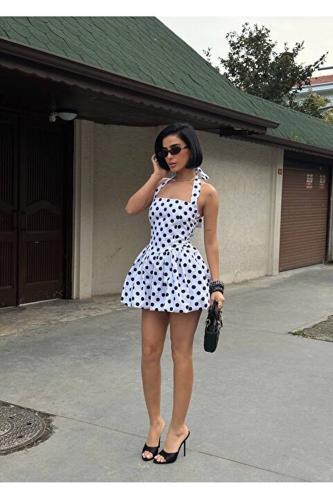 Estilo Fashion Kadın Askılı Balon Mini Elbise desenli