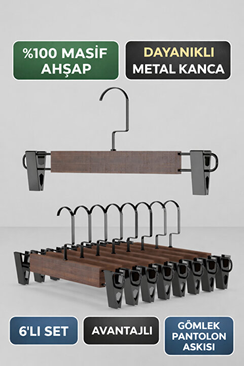 Onouqo Ahşap Askı Mandallı Pantolon, Etek, Kıyafet Askısı 1.Kalite Ultra Lüks Pantolon Askısı 6 Adet
